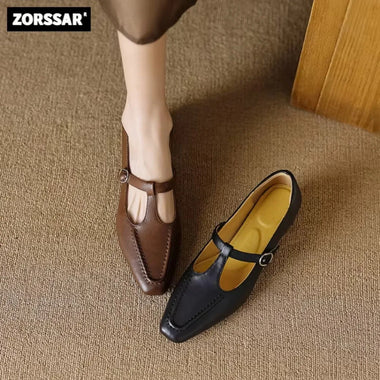 Size 34-43 Women Flats Cow Leather Pointed Toe Shallow Retro Mary Jane Flats Single Shoes Ballet Flat Loafers Ladies Dress Shoes