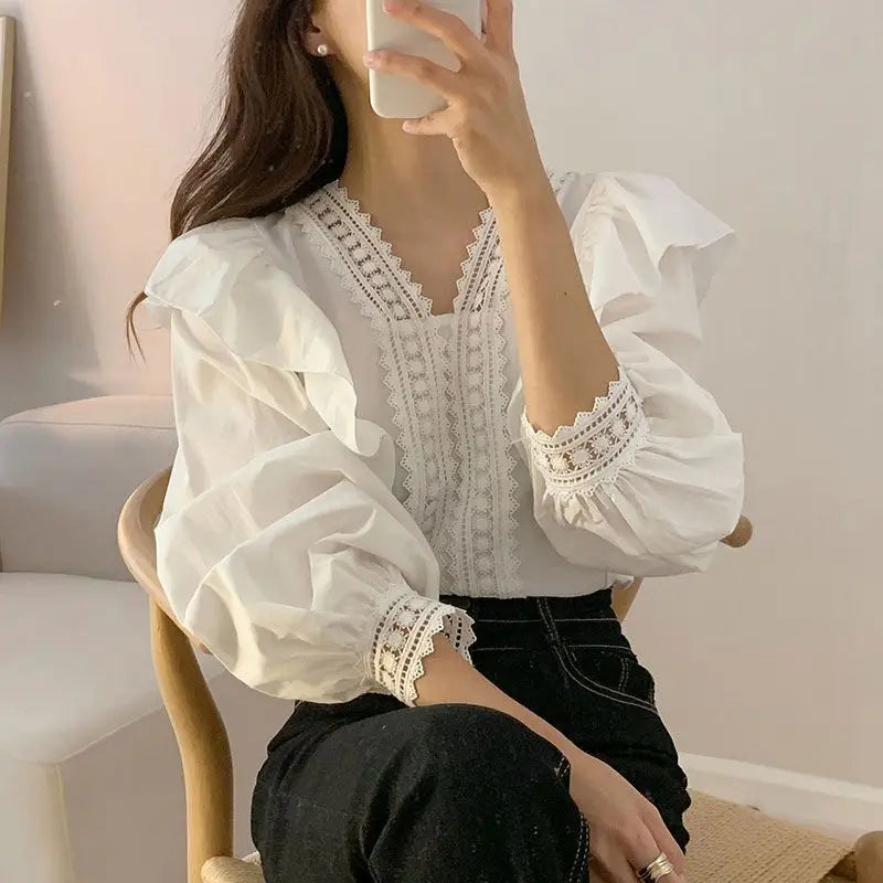 V-neck Ruffles Puff Sleeve Women Blouse Long Sleeve Tops Long Sleeve White Shirts Fashion Casual Office Lady Elegant Clothing