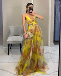 Sleeveless V-neck Women's Maxi Skirt 2025 New Mesh Print Slip Dress for Vacation Casual Party Dress Comfortable Oversized Skirt