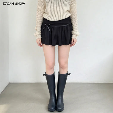 Women Skirts Sweet Women Tie Bow Low Waist Plated Mini Skirts Package Hips Short Skirt With Shorts Lining Girl's Bottom Black White