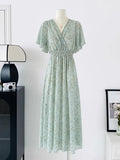 Women Summer V Neck Floral Print Chiffon Maxi Dress Short Sleeve High Waist A Line Long Dress Elegant Casual Party Vestidos