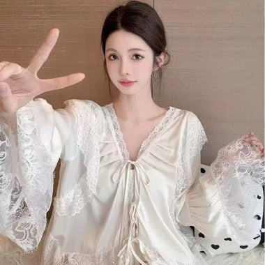 26 Spring Summer Fairy Pajamas Ice Silk Thin Long-sleeve Pants Women Girl 2piece Set With Ties Nightgown Sleepwear Homewear