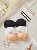 3PCS Women's Floral Lace Strapless Bra Solid Thin Cup Removable Straps Comfort Daily Lingerie Top