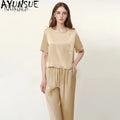 AYUNSUE 16Mm 100% Mulberry Silk Sleepwear Women Summer Clothes Pajama Sets Casual Long Pants Short Sleeve Top Two-piece Пижама