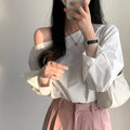 Women's Blouse Summer Long Sleeve Loose Fit Casual Women's White Shirt Top Asymmetrical Off Shoulder Female Skew Collar Blouses