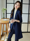New Autumn Winter Women Formal Blazer Ladies Long Sleeve Double Breasted Jacket Coat Female Mid Long Windbreakers Outerwear Tops