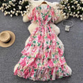 French Retro V-Neck Ruffle Sleeves Pleated Floral Dress For Women 2025 Summer High Waist Slimming Chiffon Long Dress w104