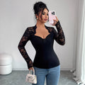 New Lace Patchwork Knitted Long-sleeved Slimming T-shirt Top For Women