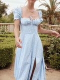 Women Maxi Dress Floral Print Long Dress Summer Puff Sleeve Ruffles Casual Elegant Holiday Party Dresses