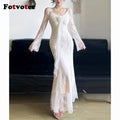 FOTVOTEE Chic French Style Lace Dresses Women See Through Long Sleeve Floral Decoration Maxi Dress Temperament Sexy Party Dress