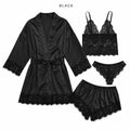 Women's 4-Piece Faux Silk Satin Pajama Set with Lace Trim Robe, Camisole, Shorts and Panties, Spring Loungewear, XS-XXL