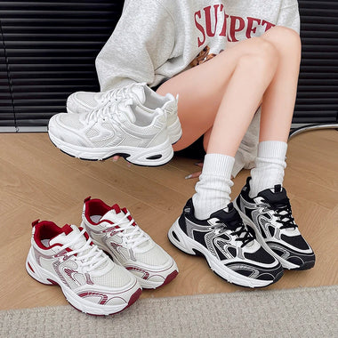 Women Breathable Mesh Chunky Dad Sneakers Round Toe Patch Thick Elevated Shock Absorbing Sole Casual Platform Walking Trainers