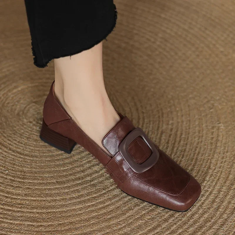Chunky Woman Leather Shoes Square Toe Dress Office Loafers Shoes Woman Trend Designer New Elegant Heels Shoes Female Pumps