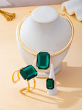 Women's Rectangular Large Emerald Jewelry Set, Gold-Plated Open Choker Necklace, Ring, and Bracelet Three-Piece Set, Exaggerated Accessories for Banquets and Parties