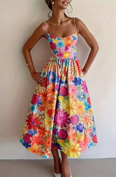 Women's New Summer Style Colorful Floral Print Spaghetti Strap Waist-Cinching A-Line Dress with a Large Hem, Casual Vacation Style, Suitable for Beach Vacations, Weekend Outings, Summer Dates, Picnics, and Casual Strolls