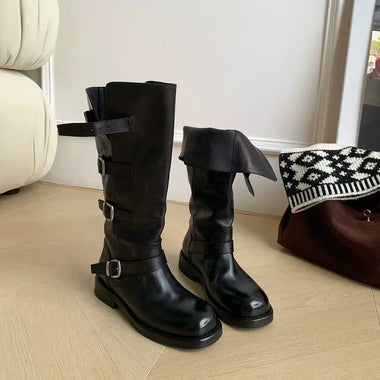 Flats Women's High Boots Designer Knee High Leather Shoes Winter Fashion Chelsea Boots Trend Buckle New Gothic Mujer Botas