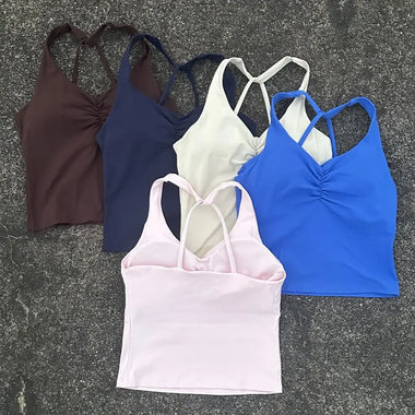 Solid Color Cross Back Strap Women Fitness Sports Bra Tank Top Gym Yoga Underwear Athletic Tight Workout Jog Soft With Chest Pad
