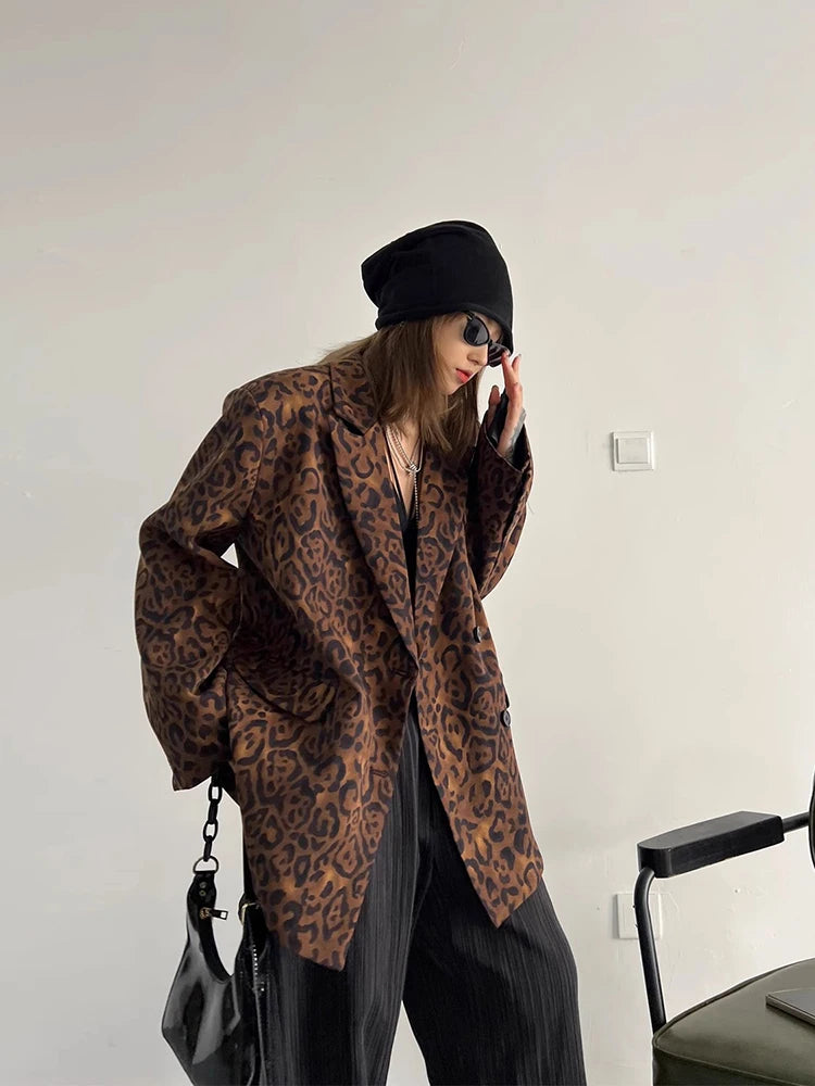 Fashion Leopard Print Suit Blazer Coats Women Harajuku Retro Jacket Female Long Sleeve Tops Autumn Streetwear Loose Outerwear