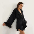 Women Satin Robe Feather Bathrobes Satin Sexy Mini Dress Long Sleeve Loose Peignoirs For Women Robe White Wedding Dress Black Bride Dresses