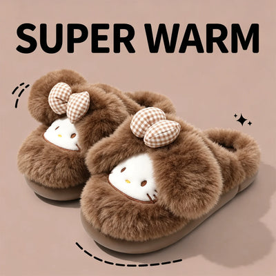 2026 Cute Bow Cat Cartoon Plush Slippers Women Men Winter Warm Thick Sole House Shoes Indoor Fuzzy Comfortable Soft Home Slides