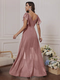 Chiffon Dress with V-Neck, Lotus Leaf Sleeves, High Waist, Pleated, Flowing Skirt, Bridesmaid Dress, French-Style Long Evening Gown