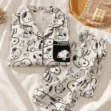 Women's Silk Pajamas Snoopy Cartoon Spring Autumn Pajamas Long Sleeve Pants Summer Milk Silk Warm Home Clothes sleepwear Men's Women's Nightgown Gift