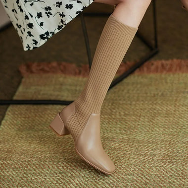 Women's New Over-the-knee Slim Fit Leather Long Boots, Stretchy Mid-calf Boots, High-heeled Square-toe Boots
