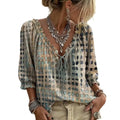 Adjustable Strap V Neck Blouse Women Summer Shirt V Neck Lace Up Blouse Plaid Print Lightweight Chiffon Top Breathable 3/4