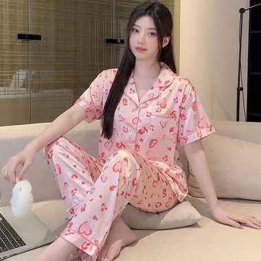Summer Ice Silk Short Sleeved Pajama Home Clothes Set for Women Blue Butterfly Loose Short Sleeved Pants Home Clothes Set