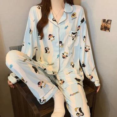Cartoon Cute Penguins Print Women's Pajamas Fashion Blue White Striped Milk Silk Homewear 2026 Spring Fall New Casual Sleepwear