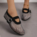 2026 New Model~ Fishnet Rhinestone Ballet Flat Mary Jane Women's Shoes with Hollowed-Out Strap