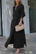 Women Solid Color Maxi Dress  Autumn Fashion Elegant Long Sleeve Leisure Time Casual Daily Wear V Neck Sexy Ladies Shirt Dresses