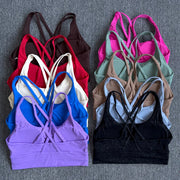 Solid Color Women Fitness Sports Bra Top Gym Yoga Backless Athletic Back Cutout Cross Tight Workout Soft With Chest Pad