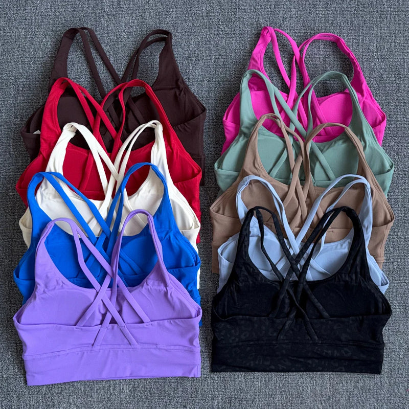 Solid Color Women Fitness Sports Bra Top Gym Yoga Backless Athletic Back Cutout Cross Tight Workout Soft With Chest Pad