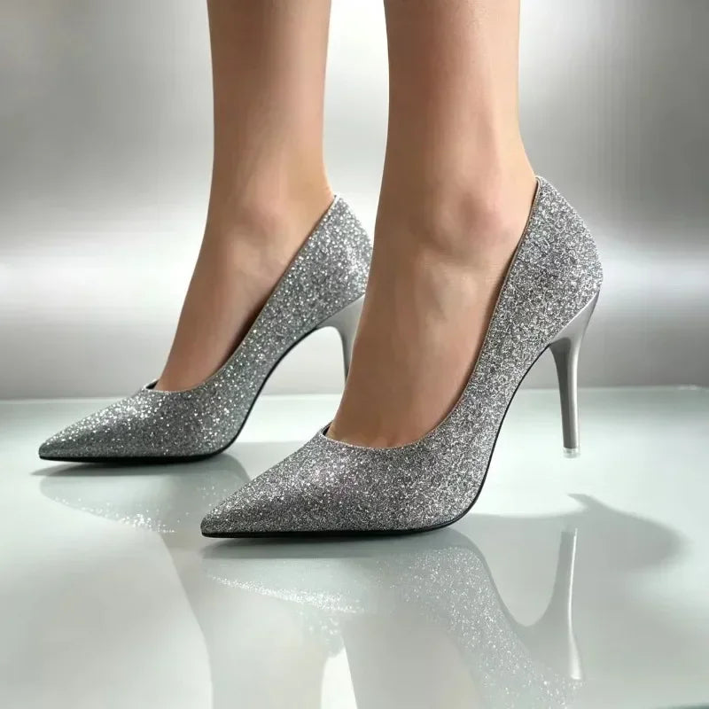 Sparkling Pointed Toe High Heels Glitter Shoes Low Cut Leather Sequin Uppers Super High Heel Wedding Official Pumps Woman