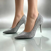 Sparkling Pointed Toe High Heels Glitter Shoes Low Cut Leather Sequin Uppers Super High Heel Wedding Official Pumps Woman