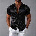 Men's shirt, navy blue short sleeved shirt, slim fit lapel shirt, light luxury business casual men's top, comfortable fabric