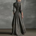 Women Plaid Shirt Dress V Neck Single Breasted Split Asymmetrical Hem Pocket Maxi Dress Ladies Elegant Casual Vintage Long Dress