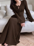 Elegant Lady's Long-Sleeved Simple Basic Solid-Color Dress