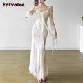 FOTVOTEE Chic French Style Lace Dresses Women See Through Long Sleeve Floral Decoration Maxi Dress Temperament Sexy Party Dress