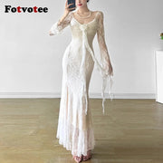 FOTVOTEE Chic French Style Lace Dresses Women See Through Long Sleeve Floral Decoration Maxi Dress Temperament Sexy Party Dress