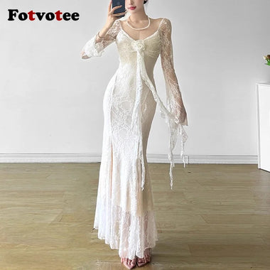 FOTVOTEE Chic French Style Lace Dresses Women See Through Long Sleeve Floral Decoration Maxi Dress Temperament Sexy Party Dress
