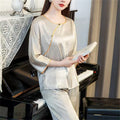 New Chinese Style Women Pajamas Set Loungewear Elegant Print Flower Sleepwear Trouser Suits Loose Silk Satin Homewear Pyjama