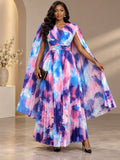 Plus Size Tie Dye Pleated Maxi Dress for Women V Neck Cape Sleeve Studded Belt Formal Evening Gown Wedding Guest Party Dress