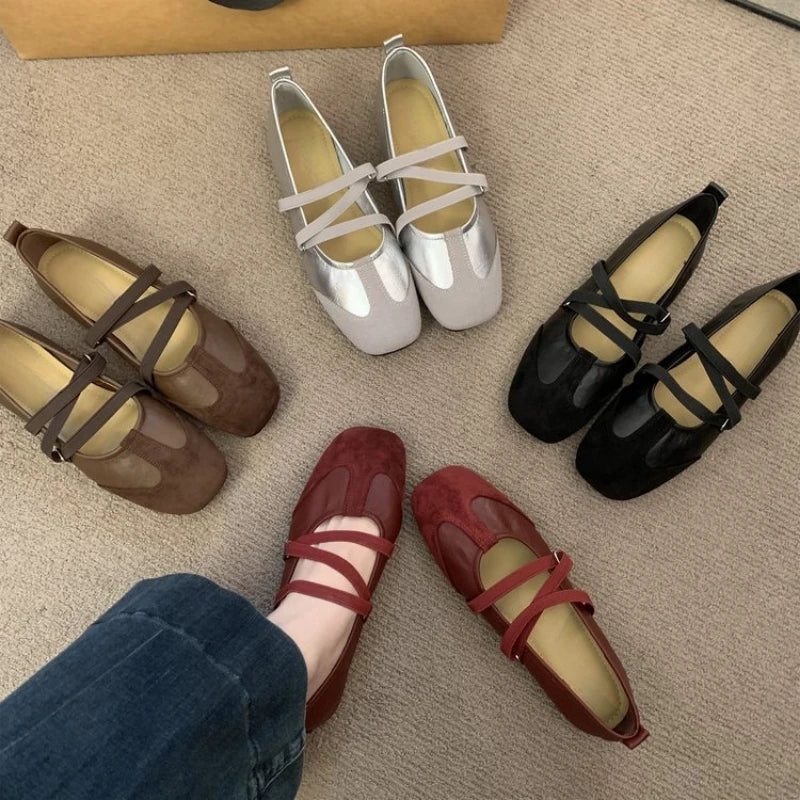 Spring Ballet Flats Women Comfy Splicing Leather Square Toe Mary Janes Elastic Cross Straps Vintage Sporty Ladies Footwear Shoes