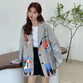 Spring Autumn New Women Grey Blazer Casual Graffiti Letter Print Suit Jacket Female Long Sleeve Loose Plaid Blazers Ladies Coat