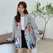 Spring Autumn New Women Grey Blazer Casual Graffiti Letter Print Suit Jacket Female Long Sleeve Loose Plaid Blazers Ladies Coat