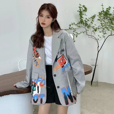 Spring Autumn New Women Grey Blazer Casual Graffiti Letter Print Suit Jacket Female Long Sleeve Loose Plaid Blazers Ladies Coat