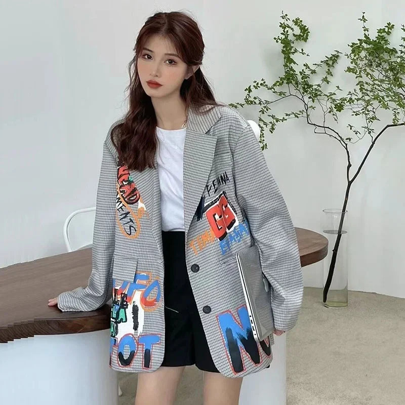 Spring Autumn New Women Grey Blazer Casual Graffiti Letter Print Suit Jacket Female Long Sleeve Loose Plaid Blazers Ladies Coat