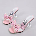 Liyke 2026 New Style Pink Women Slippers Sandals Fashion Pearl Bowknot High Heels PVC Transparent Shoes Summer Mule Slides Pumps